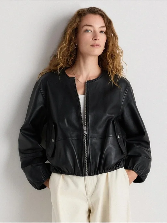 Quince 100% Leather Collarless Cropped Bubble Hem Jacket